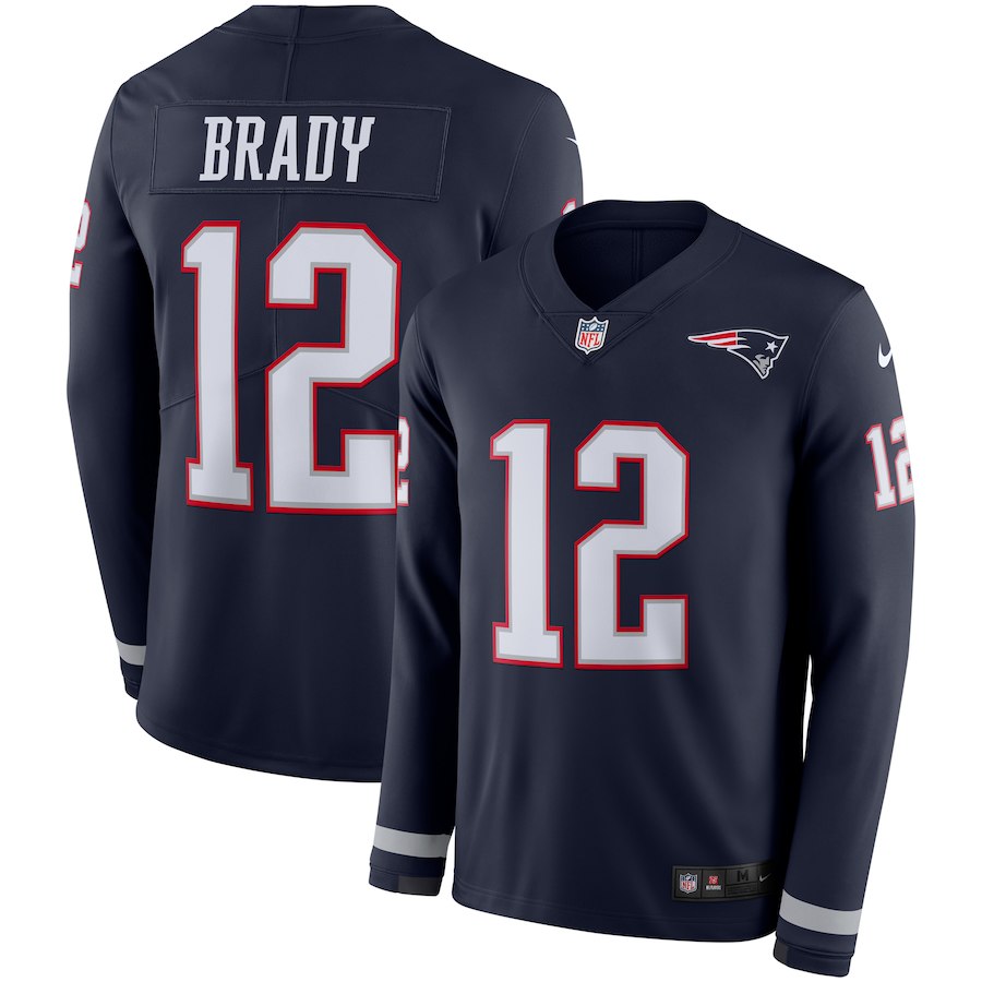 Men New England Patriots #12 Brady blue Limited NFL Nike Therma Long Sleeve Jersey->new england patriots->NFL Jersey